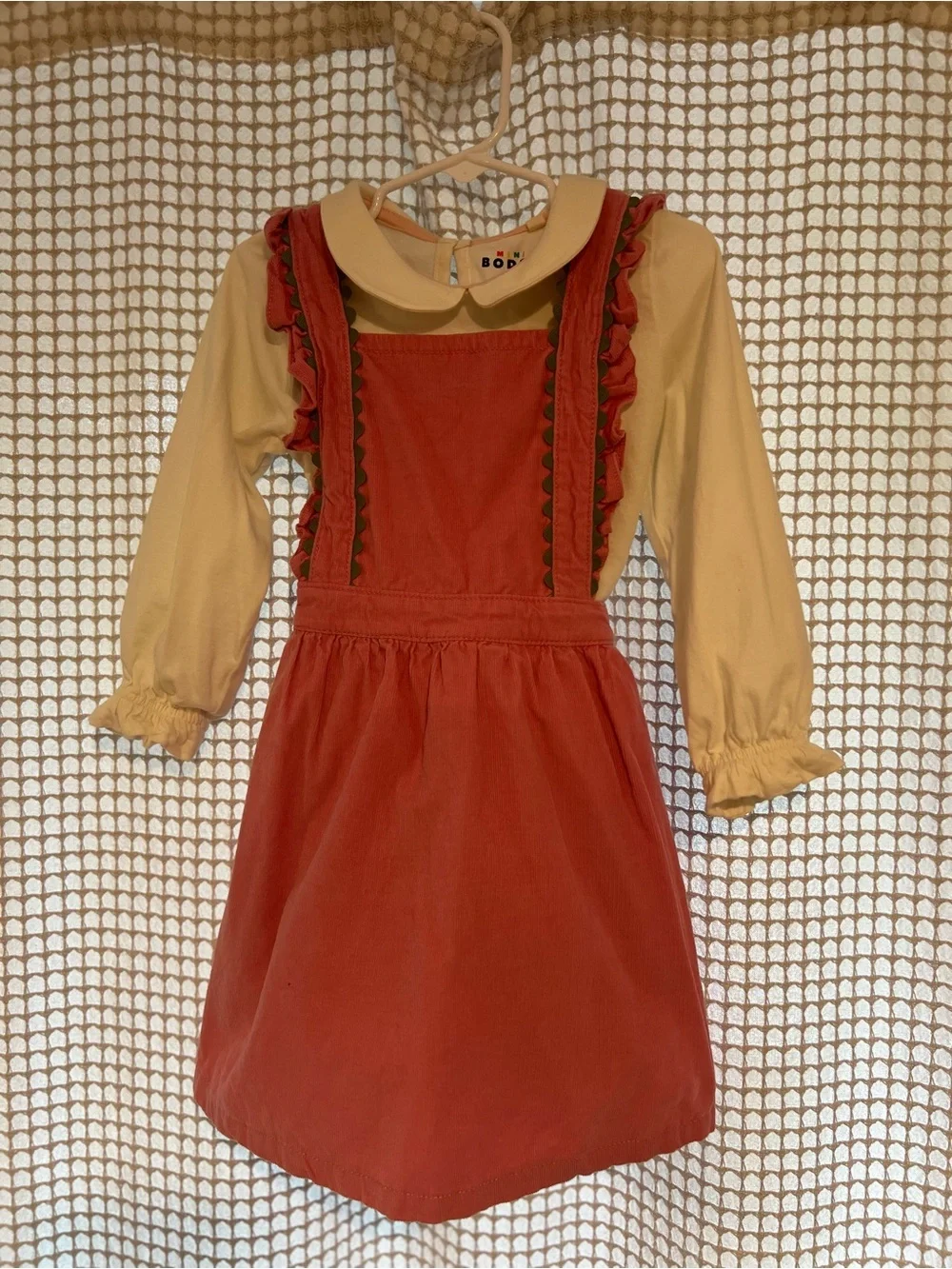 Boden light Pink Corduroy Pinafore with Cream Blouse